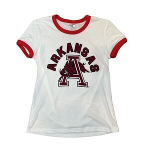 Women's Charlie Hustle XS Arkansas Razorbacks T-Shirt Ringer Tee Hots White Red